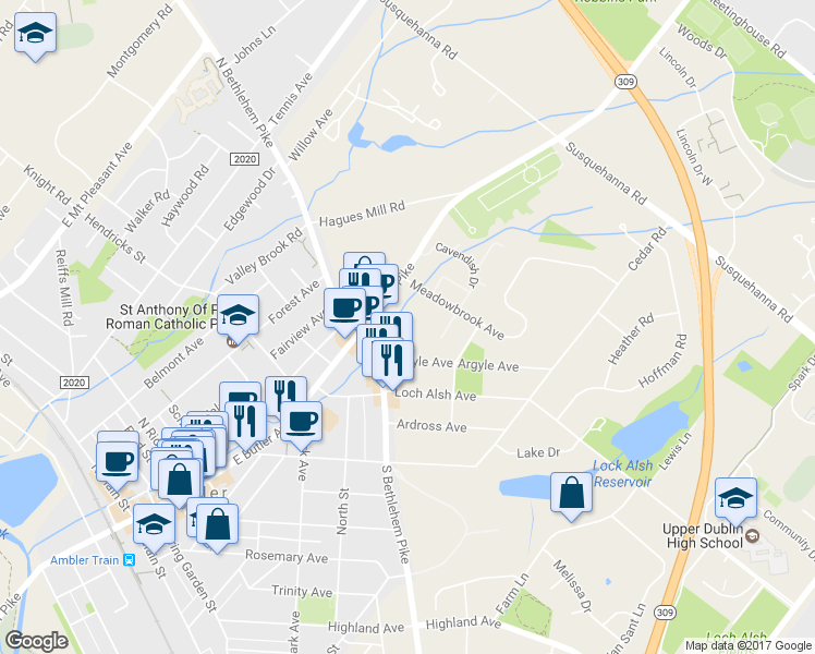 map of restaurants, bars, coffee shops, grocery stores, and more near 907 Homestead Lane in Ambler