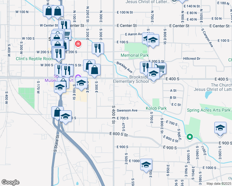 map of restaurants, bars, coffee shops, grocery stores, and more near 507 South 400 East in Springville
