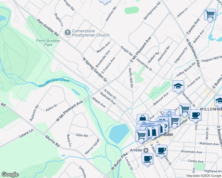map of restaurants, bars, coffee shops, grocery stores, and more near 282 North Spring Garden Street in Ambler