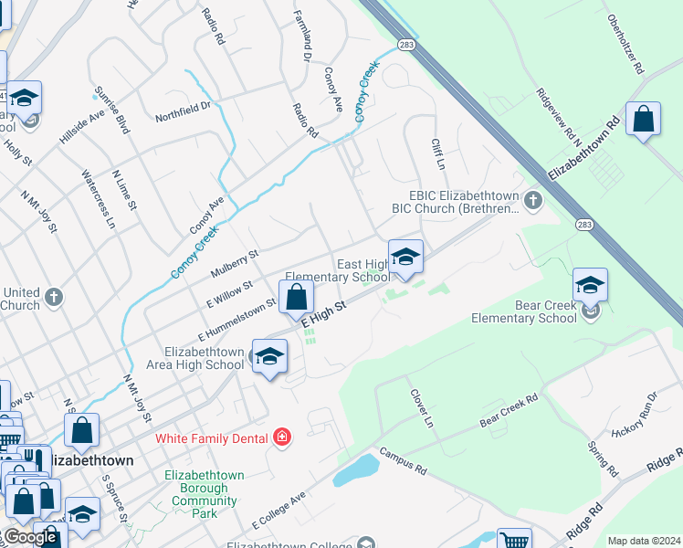 map of restaurants, bars, coffee shops, grocery stores, and more near 55 Beechwood Lane in Elizabethtown