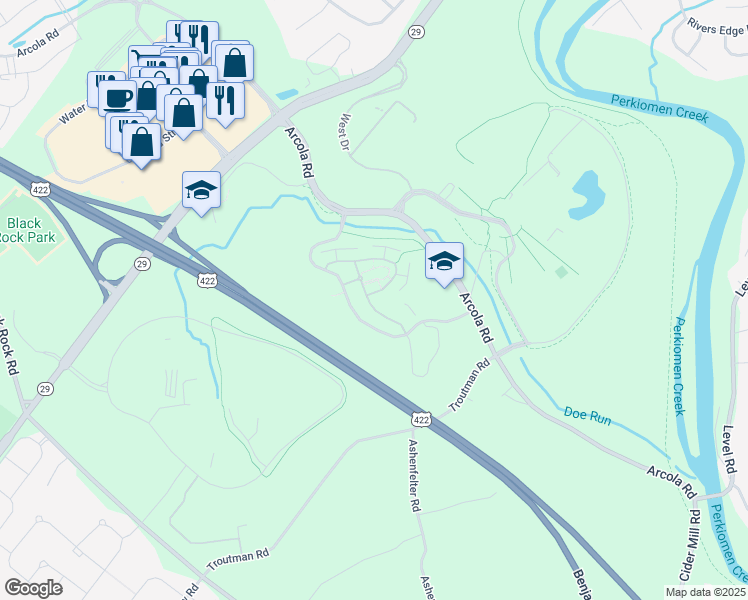 map of restaurants, bars, coffee shops, grocery stores, and more near 913 Taylor Way in Collegeville