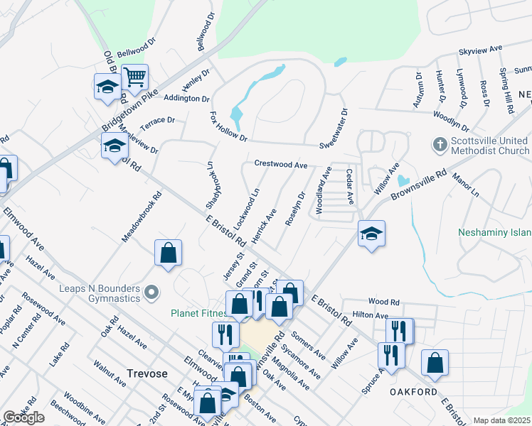 map of restaurants, bars, coffee shops, grocery stores, and more near 2030 Herrick Avenue in Feasterville-Trevose