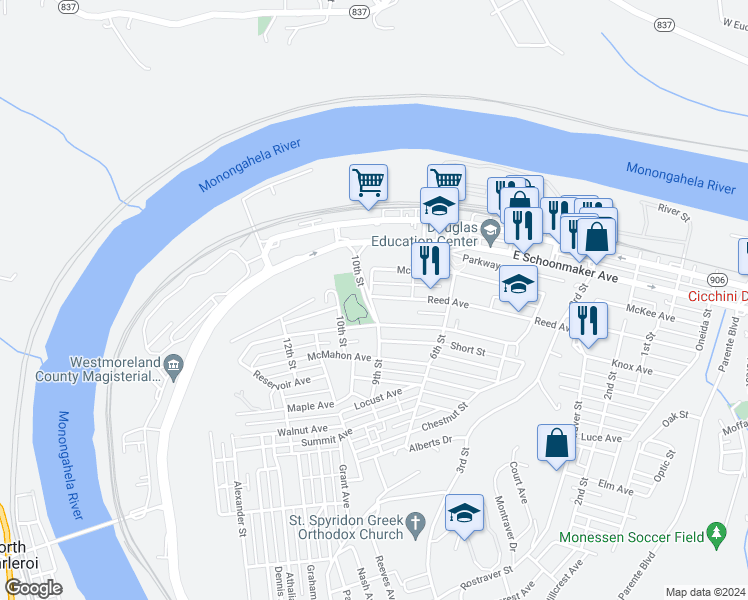 map of restaurants, bars, coffee shops, grocery stores, and more near 400 9th Street in Monessen