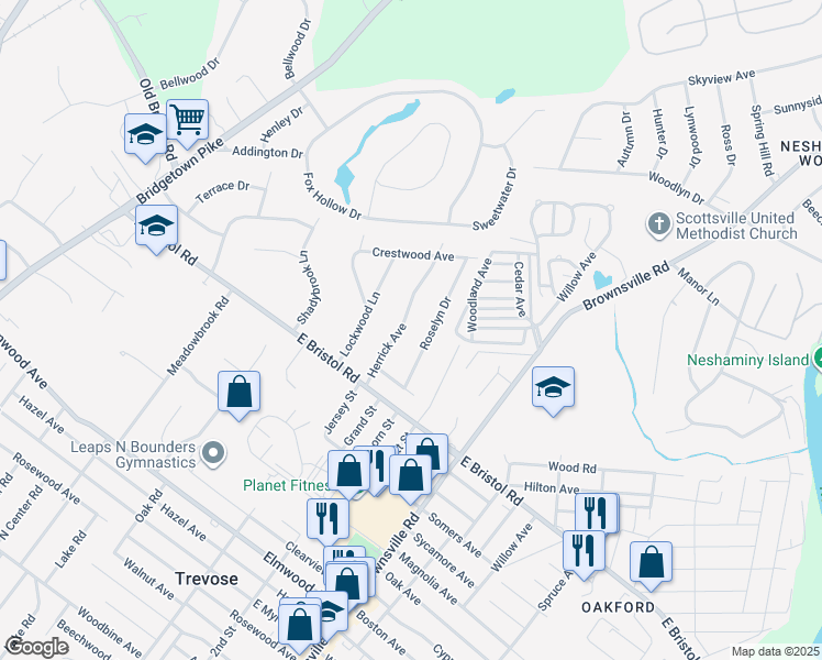 map of restaurants, bars, coffee shops, grocery stores, and more near 2035 Herrick Avenue in Feasterville-Trevose
