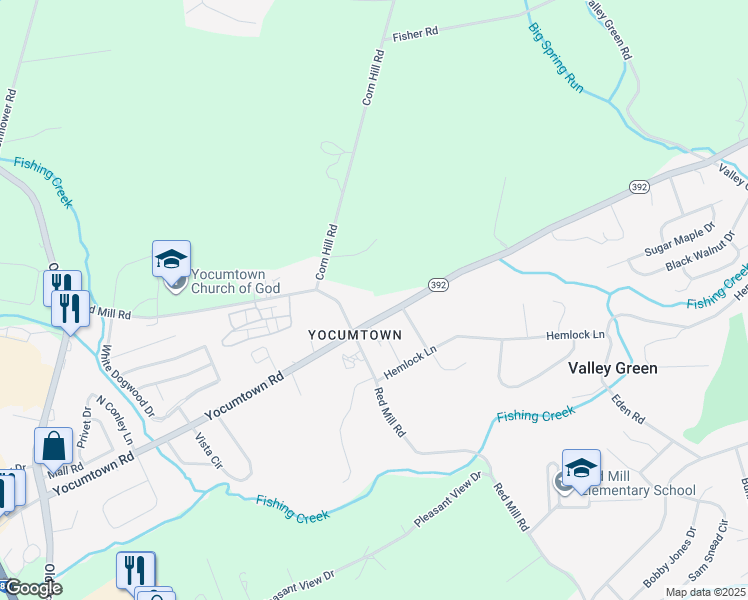 map of restaurants, bars, coffee shops, grocery stores, and more near 1055 Pennsylvania 392 in York County