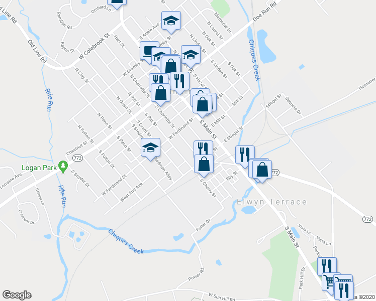 map of restaurants, bars, coffee shops, grocery stores, and more near 150 South Charlotte Street in Manheim