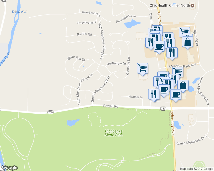map of restaurants, bars, coffee shops, grocery stores, and more near 445 Green Meadows Drive West in Powell