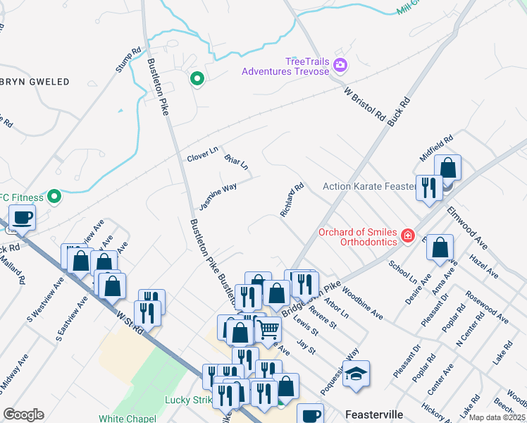 map of restaurants, bars, coffee shops, grocery stores, and more near 145 Westbrook Road in Feasterville-Trevose