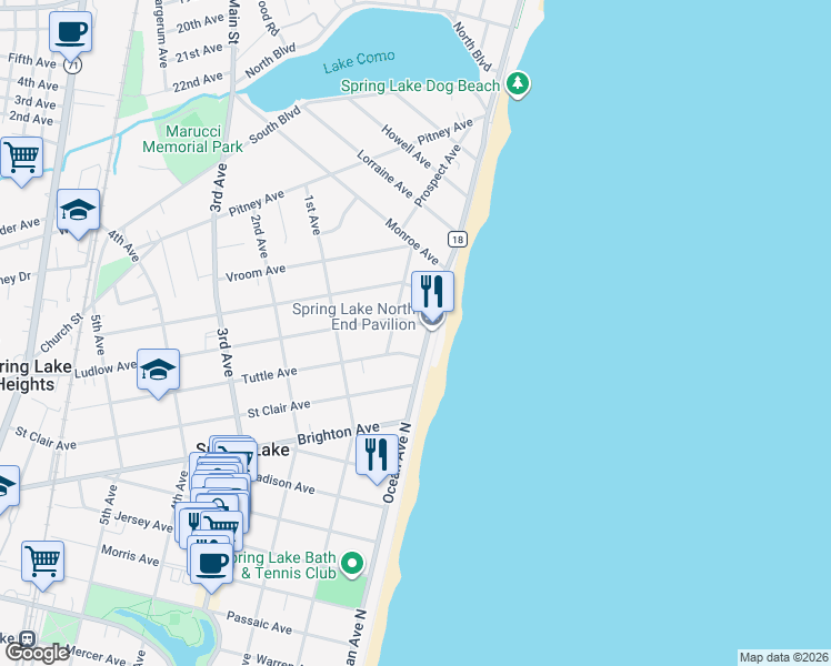 map of restaurants, bars, coffee shops, grocery stores, and more near 1907 Ocean Avenue in Spring Lake