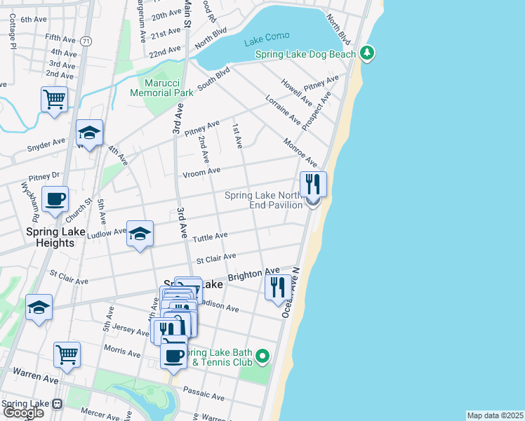 map of restaurants, bars, coffee shops, grocery stores, and more near 101 Ludlow Avenue in Spring Lake