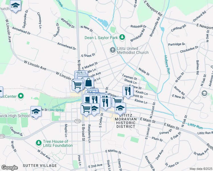 map of restaurants, bars, coffee shops, grocery stores, and more near 110 North Cedar Street in Lititz