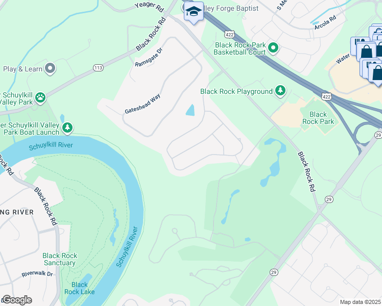 map of restaurants, bars, coffee shops, grocery stores, and more near 116 Oriole Lane in Phoenixville