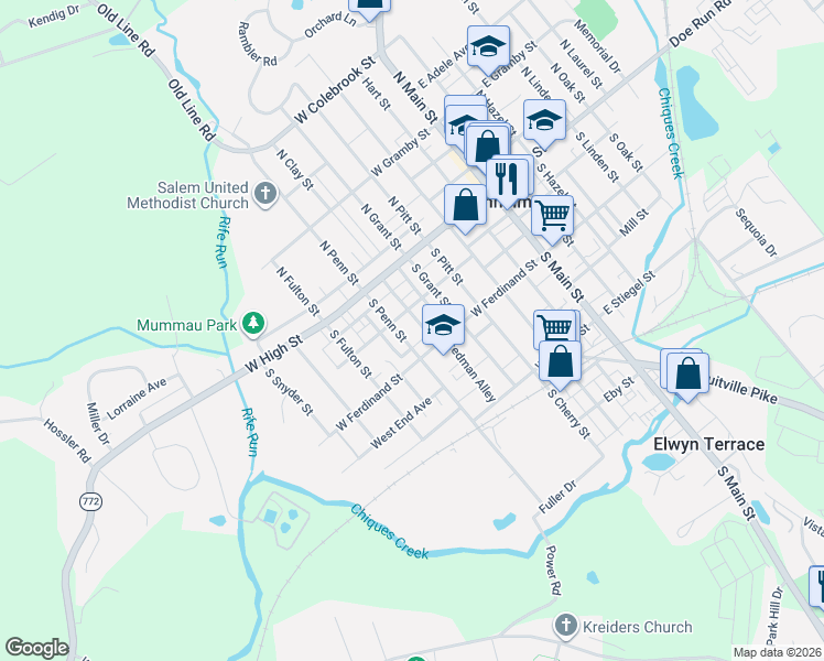 map of restaurants, bars, coffee shops, grocery stores, and more near 67 South Penn Street in Manheim