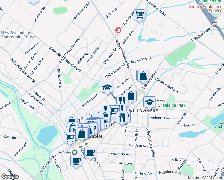 map of restaurants, bars, coffee shops, grocery stores, and more near 309 Forest Avenue in Ambler