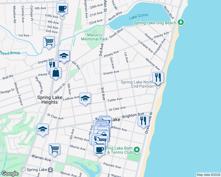 map of restaurants, bars, coffee shops, grocery stores, and more near 206 Ludlow Avenue in Spring Lake