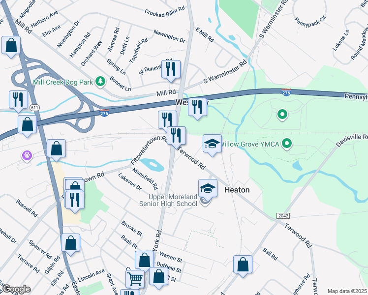map of restaurants, bars, coffee shops, grocery stores, and more near 3155 State Route 2033 in Willow Grove