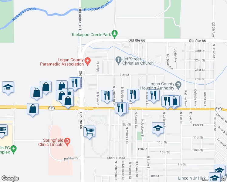 map of restaurants, bars, coffee shops, grocery stores, and more near 1025 North Jefferson Street in Lincoln