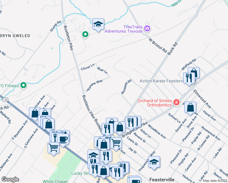 map of restaurants, bars, coffee shops, grocery stores, and more near 145 Westbrook Road in Feasterville-Trevose