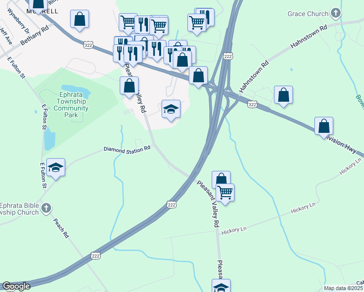 map of restaurants, bars, coffee shops, grocery stores, and more near 200 Pleasant Valley Road in Ephrata