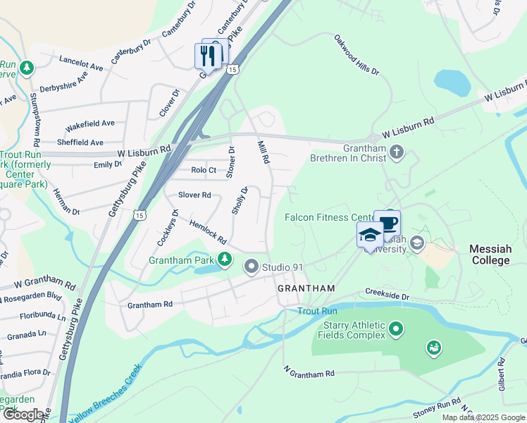 map of restaurants, bars, coffee shops, grocery stores, and more near 104 Woodside Drive in Mechanicsburg