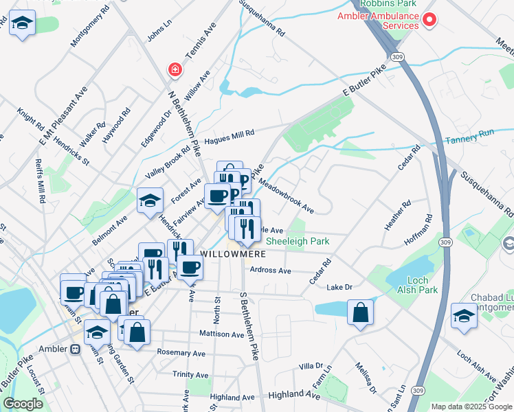 map of restaurants, bars, coffee shops, grocery stores, and more near 907 Homestead Lane in Ambler