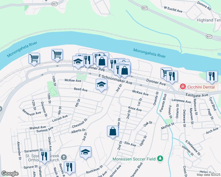 map of restaurants, bars, coffee shops, grocery stores, and more near 304 4th Street in Monessen