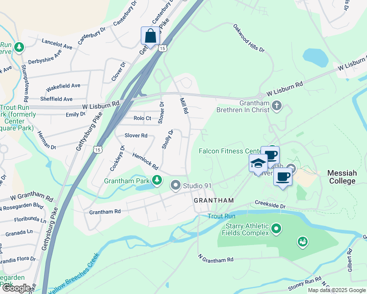 map of restaurants, bars, coffee shops, grocery stores, and more near 104 Woodside Drive in Mechanicsburg