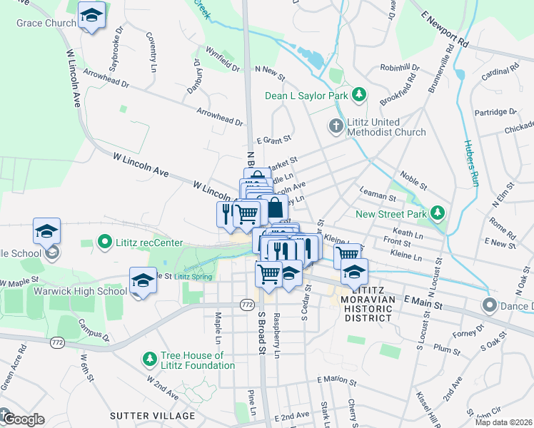 map of restaurants, bars, coffee shops, grocery stores, and more near 11 Front Street in Lititz