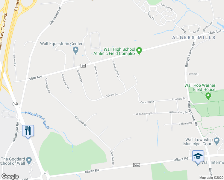 map of restaurants, bars, coffee shops, grocery stores, and more near 1824 Celeste Drive in Wall Township