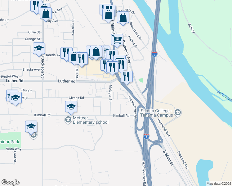 map of restaurants, bars, coffee shops, grocery stores, and more near 1245 Montgomery Road in Red Bluff
