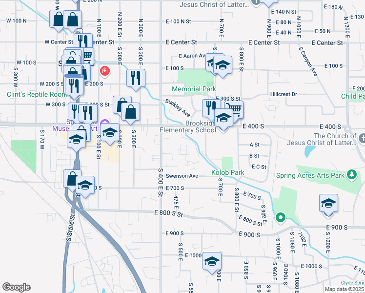 map of restaurants, bars, coffee shops, grocery stores, and more near 467 East 535 South in Springville
