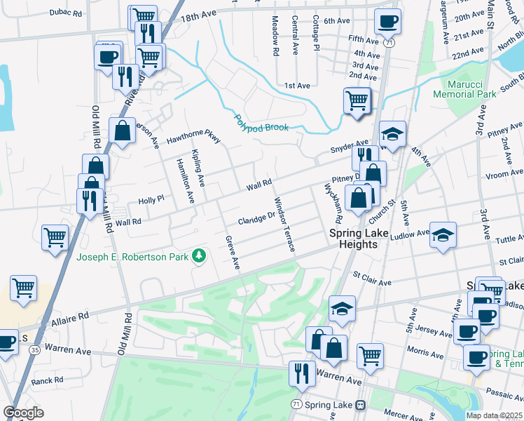 map of restaurants, bars, coffee shops, grocery stores, and more near 908 Claridge Drive in Spring Lake