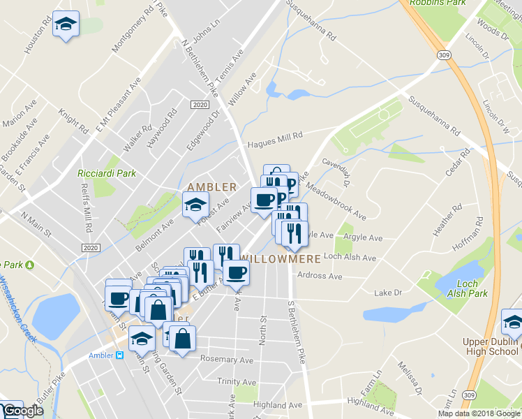 map of restaurants, bars, coffee shops, grocery stores, and more near 375 Heckler Street in Ambler