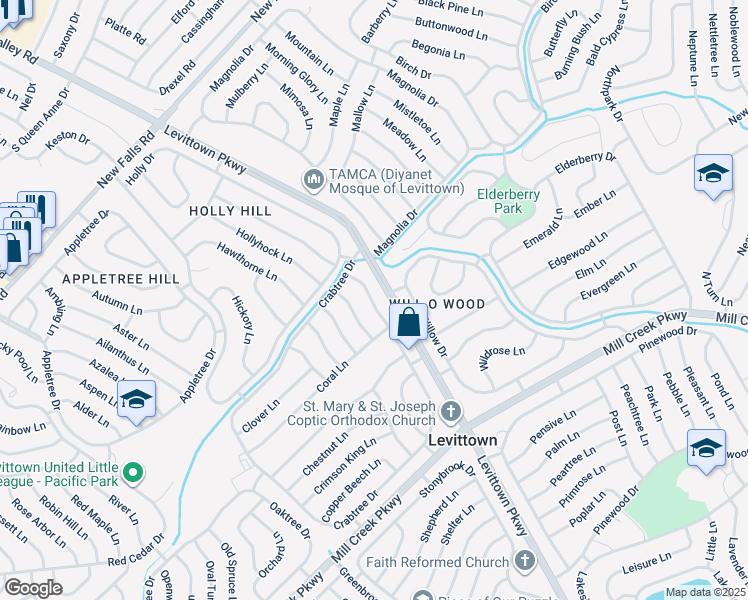 map of restaurants, bars, coffee shops, grocery stores, and more near 23 Crabtree Drive in Levittown