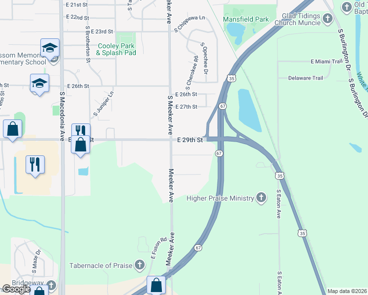 map of restaurants, bars, coffee shops, grocery stores, and more near 2601 East 29th Street in Muncie