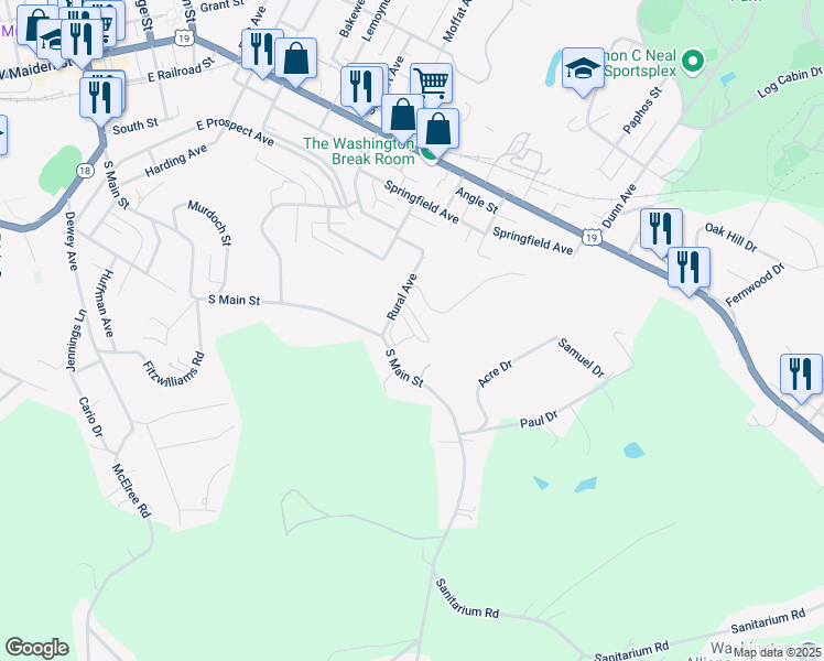 map of restaurants, bars, coffee shops, grocery stores, and more near 513 Clubhouse Drive in Washington