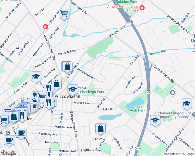 map of restaurants, bars, coffee shops, grocery stores, and more near 608 Meadowbrook Avenue in Ambler