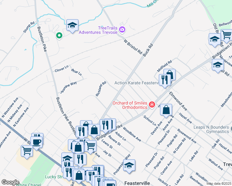 map of restaurants, bars, coffee shops, grocery stores, and more near 1540 Buck Road in Feasterville-Trevose