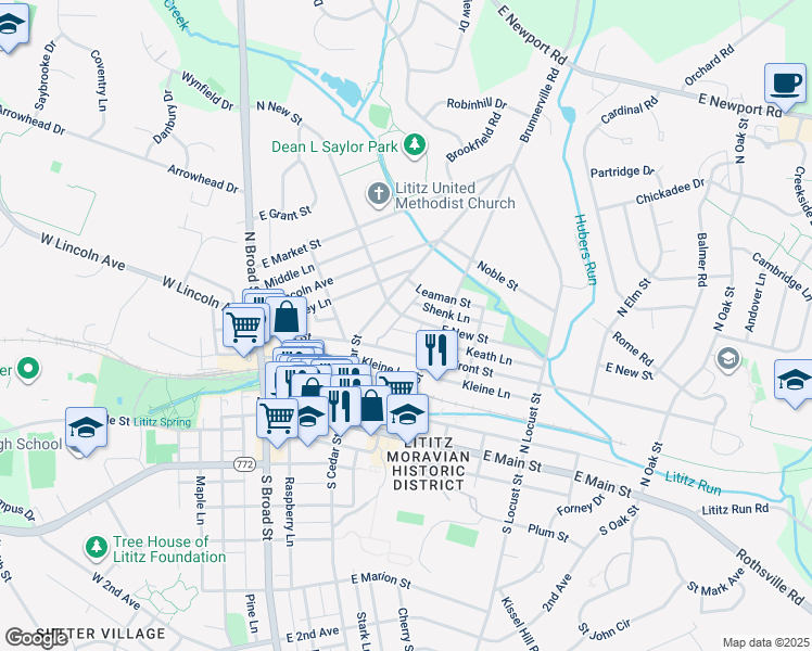 map of restaurants, bars, coffee shops, grocery stores, and more near 120 East New Street in Lititz