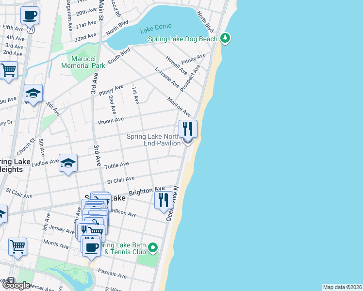 map of restaurants, bars, coffee shops, grocery stores, and more near 1907 Ocean Avenue in Spring Lake