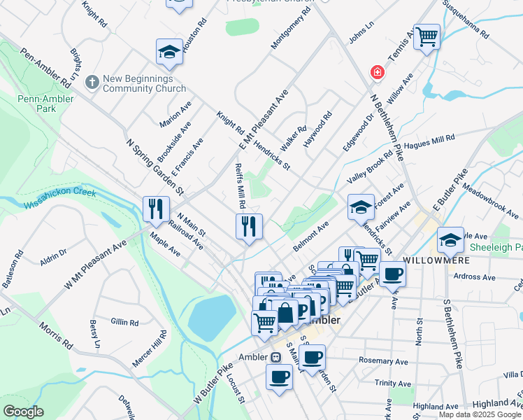 map of restaurants, bars, coffee shops, grocery stores, and more near 127 Tennis Avenue in Ambler