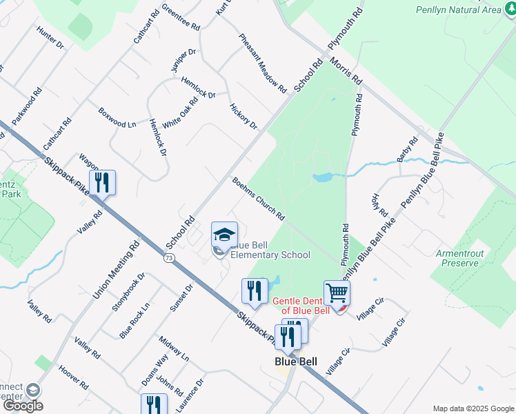 map of restaurants, bars, coffee shops, grocery stores, and more near 752 Boehms Church Road in Blue Bell