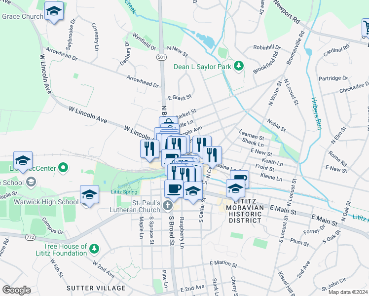 map of restaurants, bars, coffee shops, grocery stores, and more near 15 Front Street in Lititz