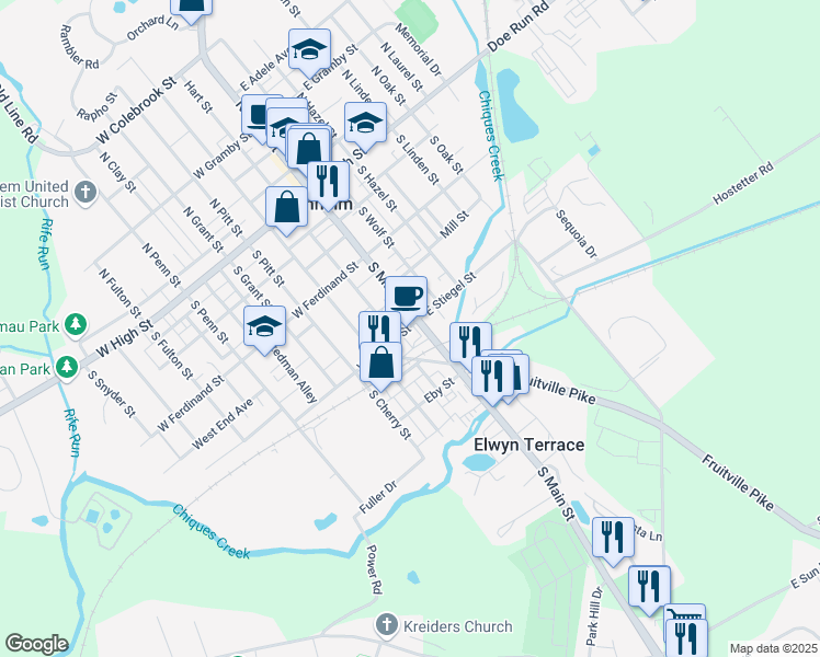 map of restaurants, bars, coffee shops, grocery stores, and more near 28 West Stiegel Street in Manheim