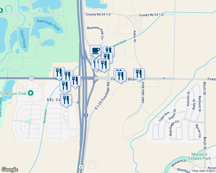 map of restaurants, bars, coffee shops, grocery stores, and more near Weld County Road 9 in Firestone