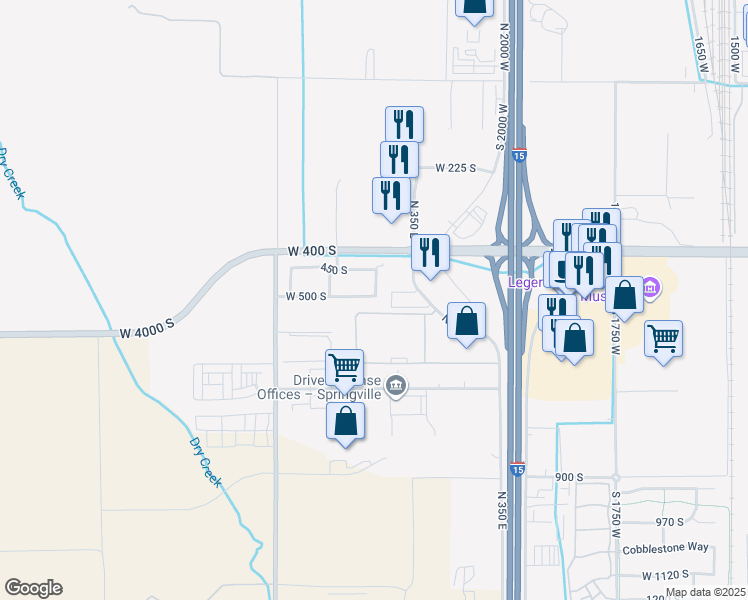 map of restaurants, bars, coffee shops, grocery stores, and more near 2395 West 500 South in Springville