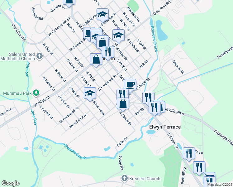 map of restaurants, bars, coffee shops, grocery stores, and more near 155 South Charlotte Street in Manheim