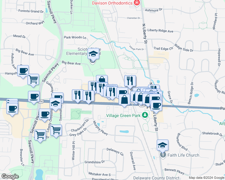 map of restaurants, bars, coffee shops, grocery stores, and more near 74 Traditions Way in Powell