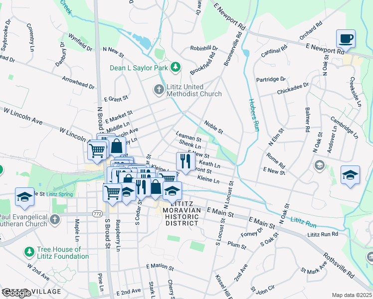 map of restaurants, bars, coffee shops, grocery stores, and more near 153 East New Street in Lititz