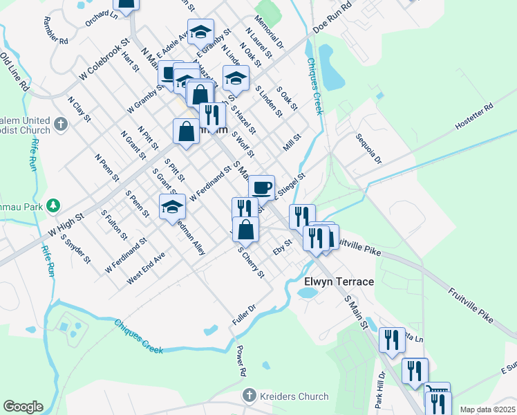 map of restaurants, bars, coffee shops, grocery stores, and more near 16 West Stiegel Street in Manheim